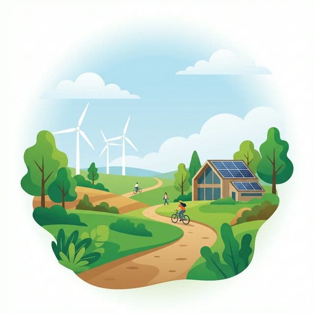 Paesaggio sostenibile con pannelli solari, turbine eoliche e natura